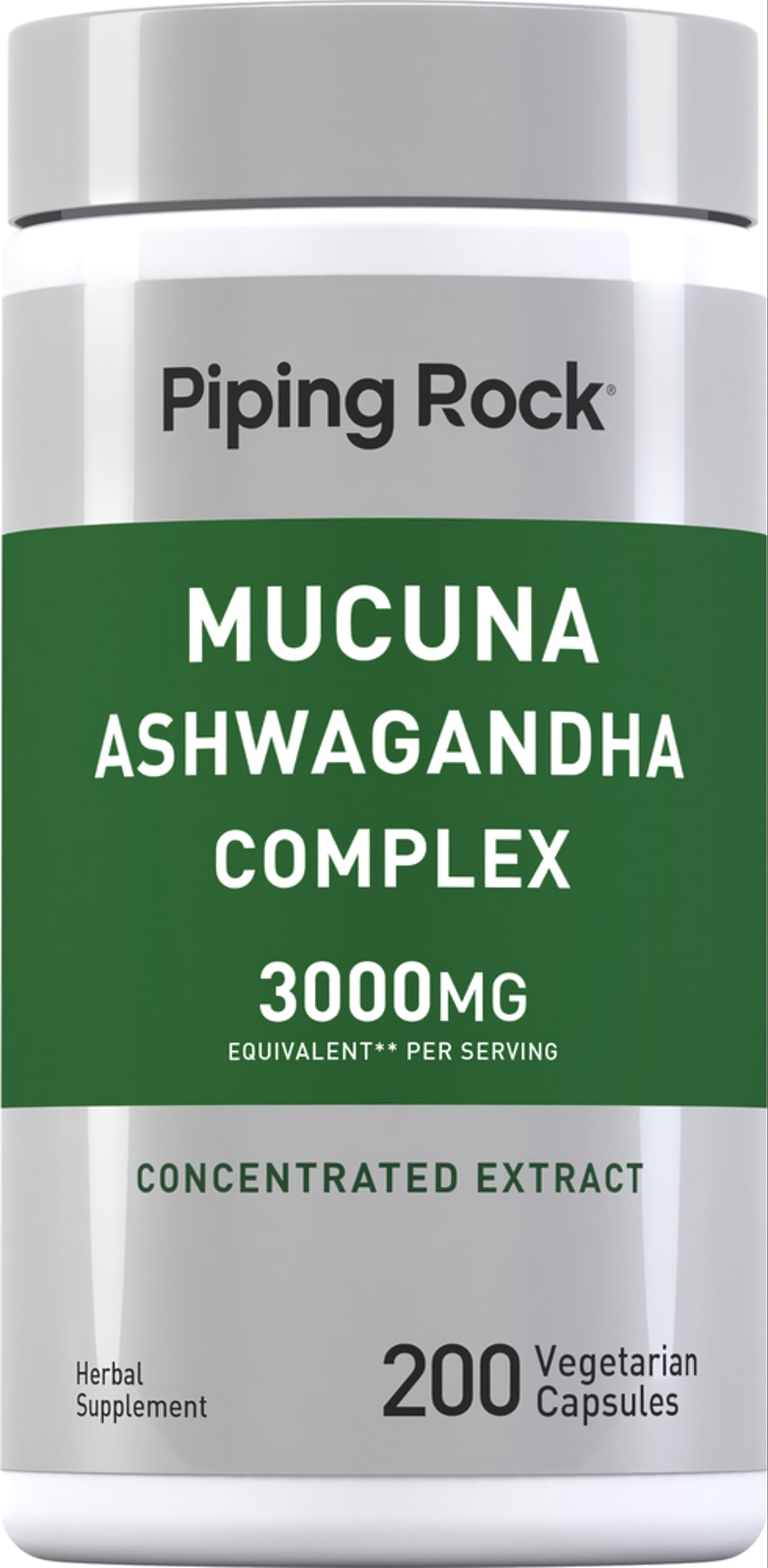 Mucuna Ashwagandha Complex 3000MG per serving, concentrated extract herbal supplement, 200 vegetarian capsules.