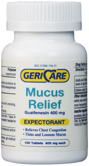 Geri-Care Mucus Relief Guaifenesin 400 mg expectorant, available in 100 tablets package.