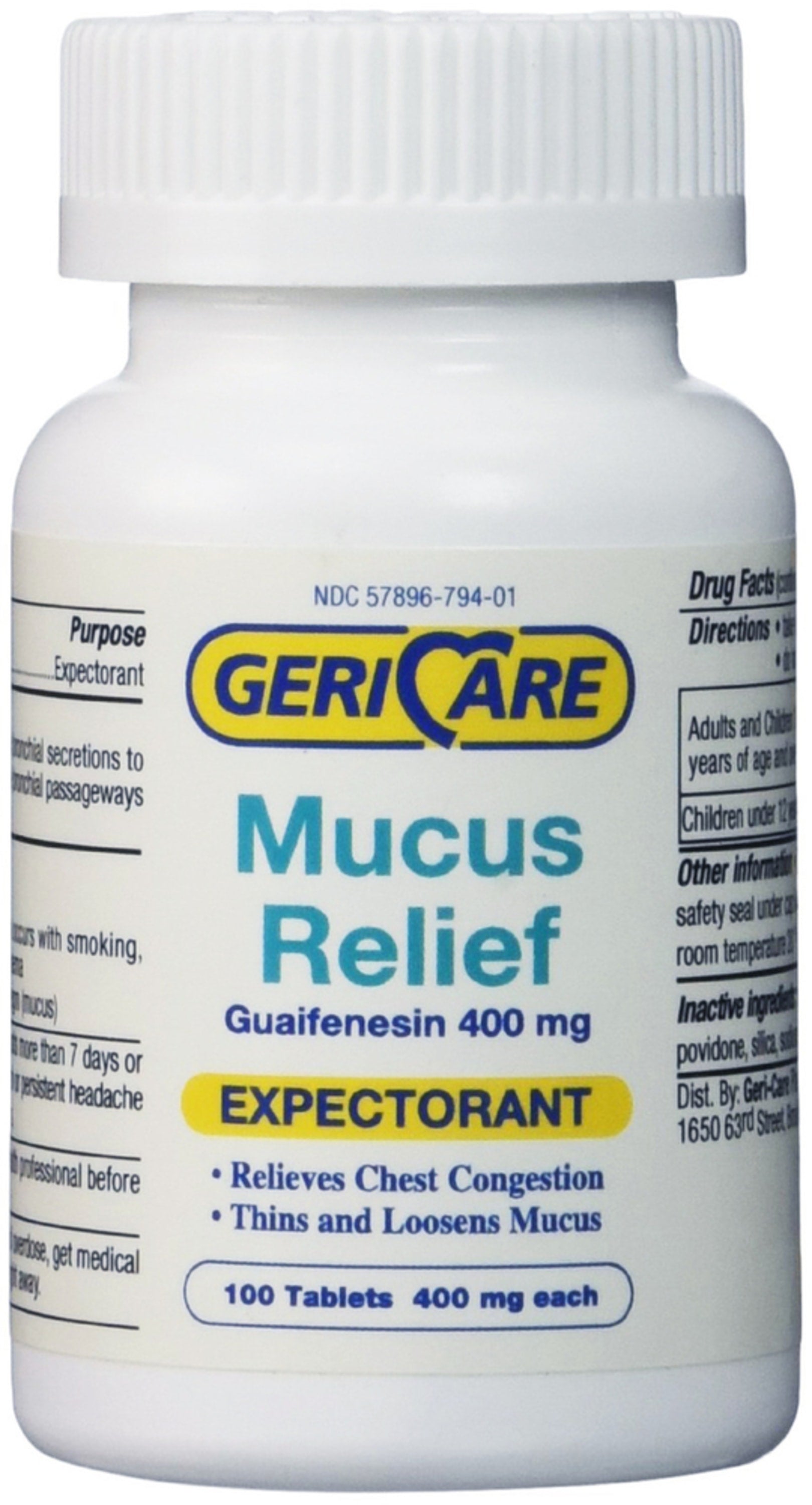 Geri-Care Mucus Relief Guaifenesin 400 mg expectorant, available in 100 tablets package.