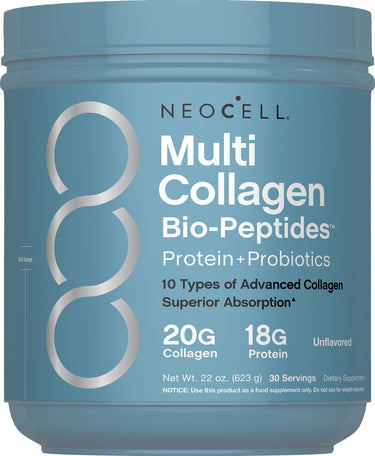 Multi Collagen Bio-Peptides powder, 22 oz, unflavored, with 20g collagen, 18g protein, and 30 servings per container.