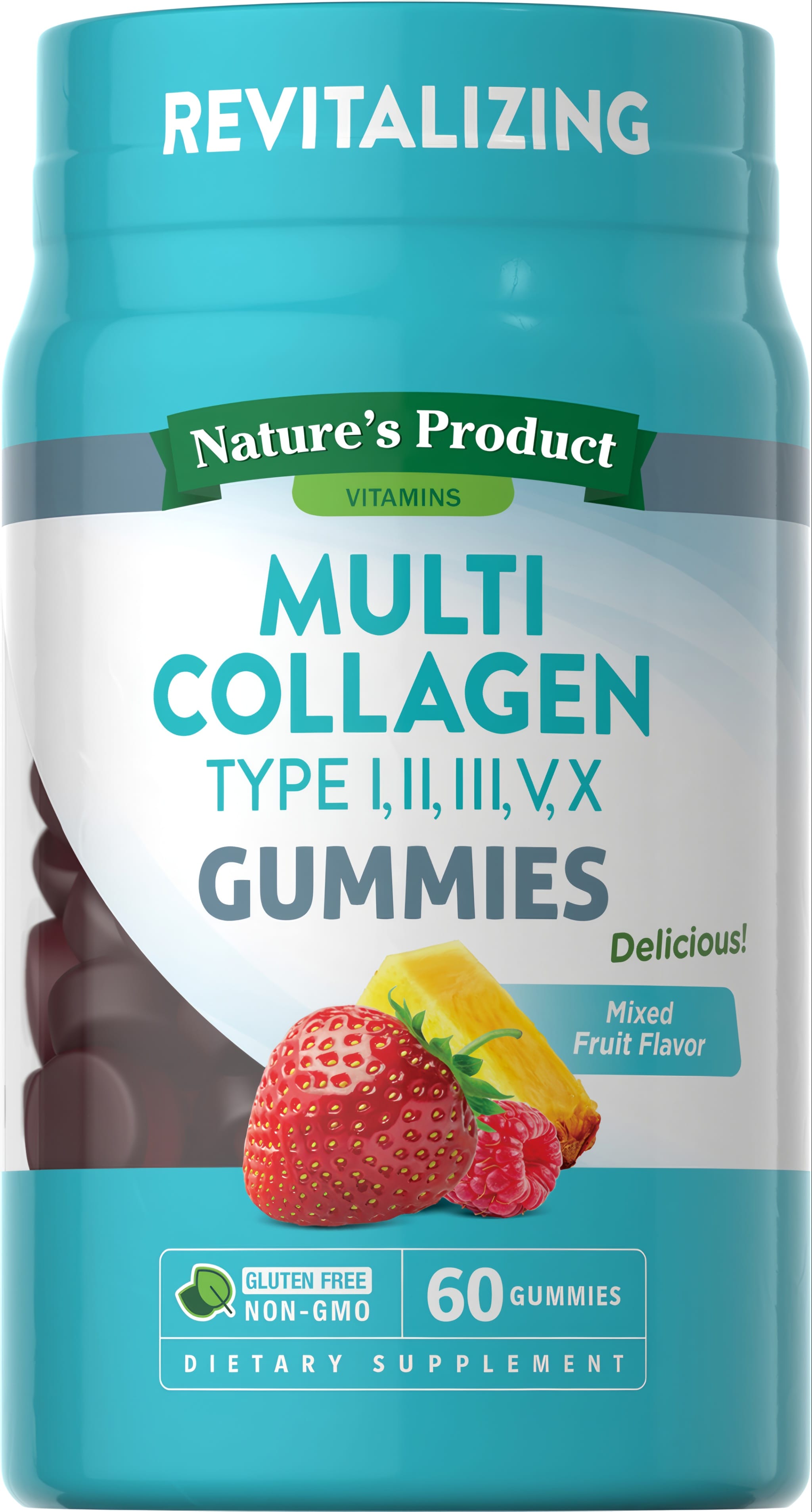 Revitalizing Multi Collagen Type I, II, III, V, X Gummies, Mixed Fruit Flavor, Gluten Free, Non-GMO, 60 Gummies. Dietary Supplement.