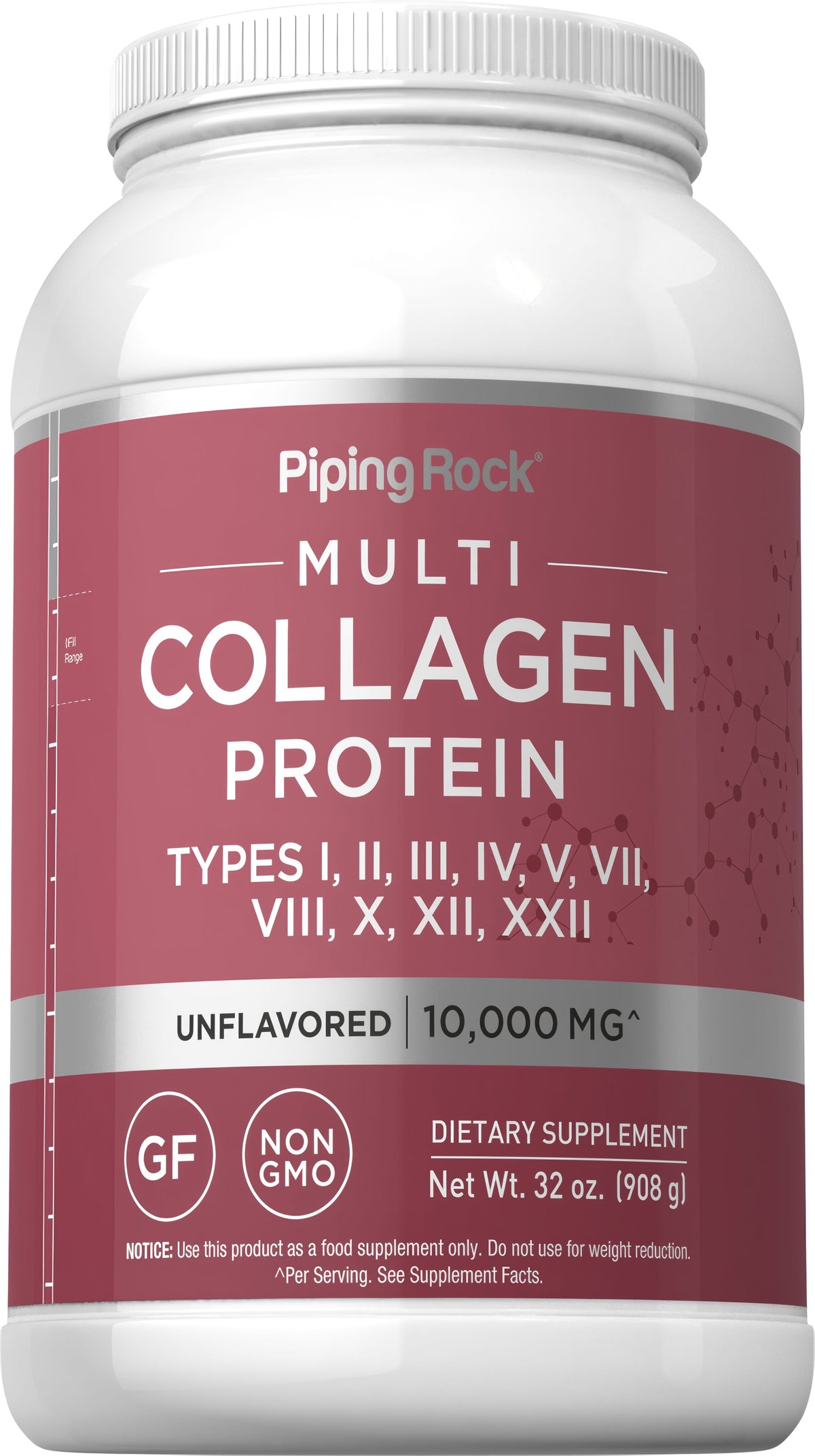 Multi Collagen Protein, Unflavored, provides 10,000 MG, with Types I, II, III, IV, V, VII, VIII, X, XII, XXII, in a 32 oz. package.