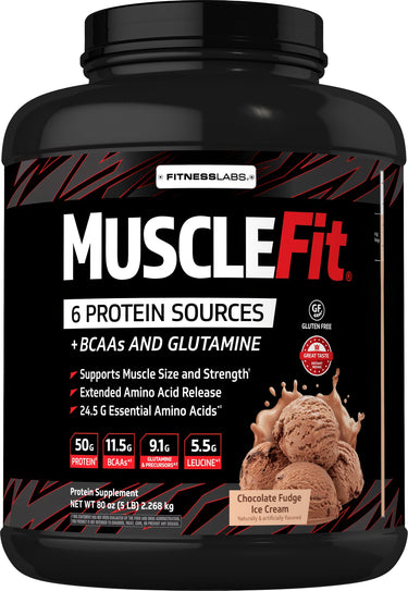 MUSCLEFit Protein Supplement, Chocolate Fudge Ice Cream flavor, 80 oz (5 LB) tub, with six protein sources, gluten-free.