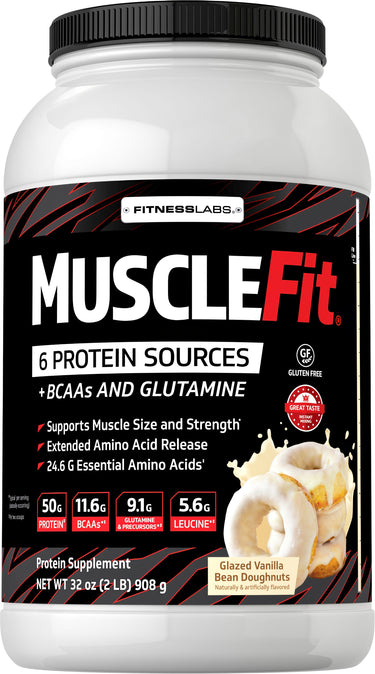 MUSCLEFit Protein Supplement, Glazed Vanilla Bean Doughnuts flavor, 32 oz (2 LB) 908 g tub.