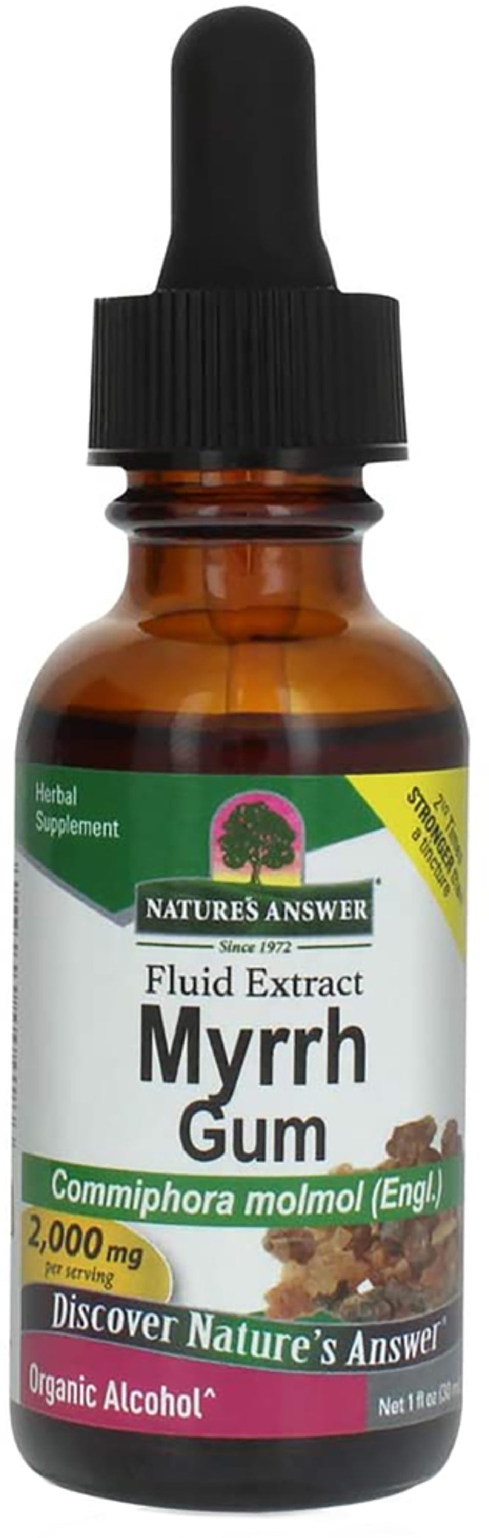 Nature's Answer Myrrh Gum Liquid Extract in a 1 fluid ounce bottle, natural supplement for wellness and health.