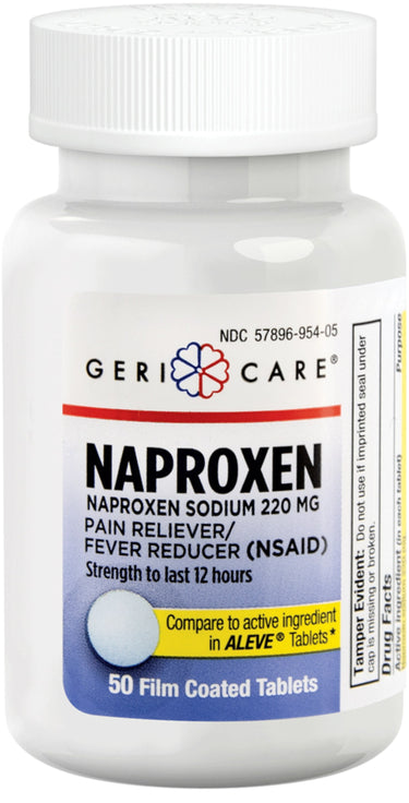 Geri-Care Naproxen Sodium 220mg is a pain reliever and fever reducer (NSAID) with 50 film-coated tablets.