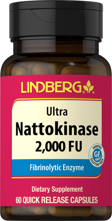 Ultra Nattokinase 2,000 FU Fibrinolytic Enzyme Dietary Supplement with 60 Quick Release Capsules. Verified gluten free.