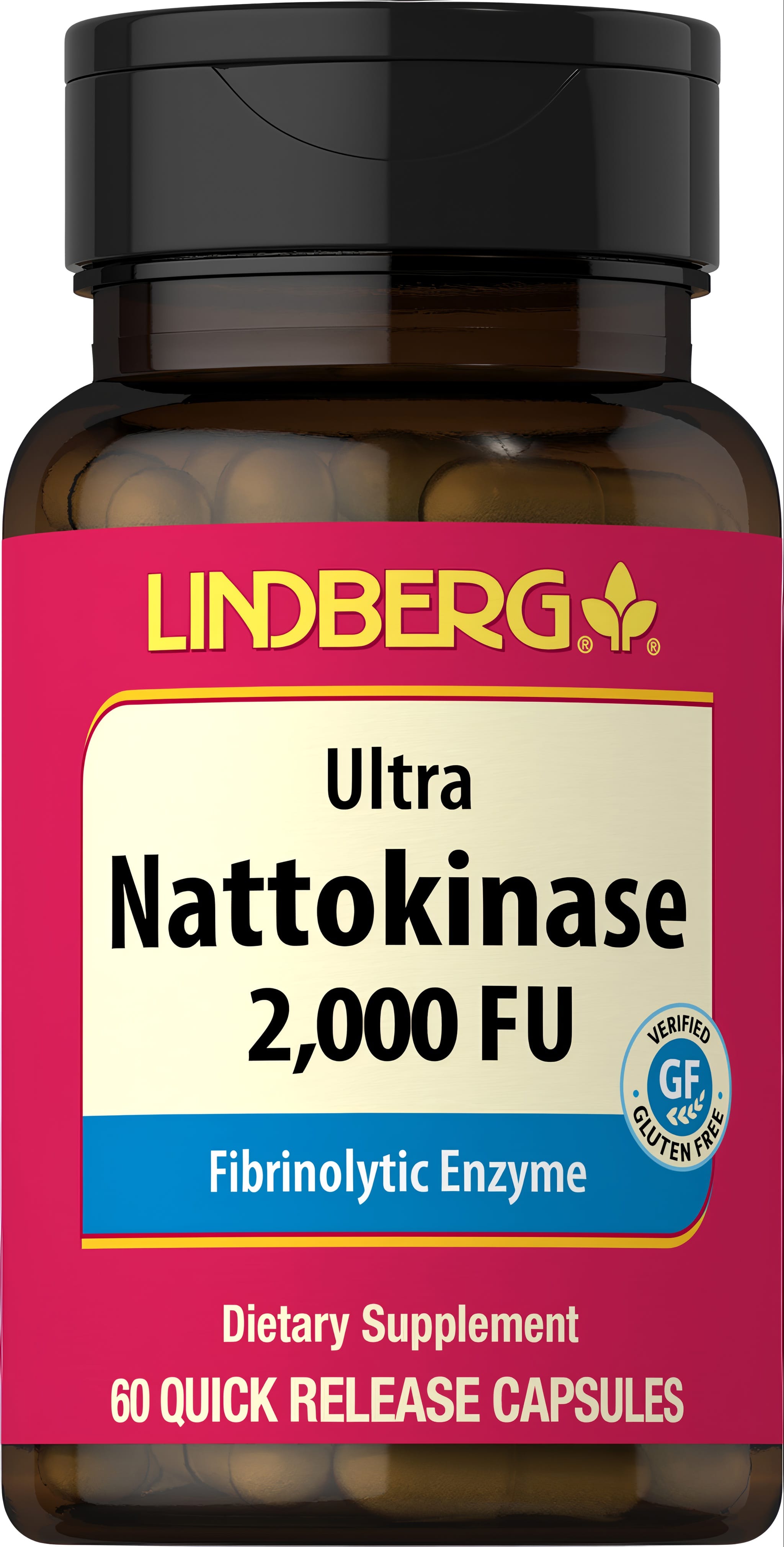 Lindberg Ultra Nattokinase 2,000 FU Fibrinolytic Enzyme, gluten-free, 60 quick-release capsules in a bottle.
