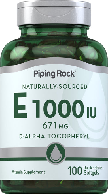 Naturally-sourced Vitamin E 1000 IU supplement, 671 mg D-Alpha Tocopheryl, with 100 quick-release softgels.