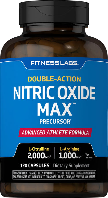 Fitness Labs Double-Action Nitric Oxide Max Precursor 120 Capsules. With L-Citrulline 2,000mg, L-Arginine 1,000mg per serving.