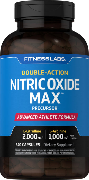 Fitness Labs Double-Action Nitric Oxide Max Precursor, 240 capsules, featuring L-Citrulline and L-Arginine.