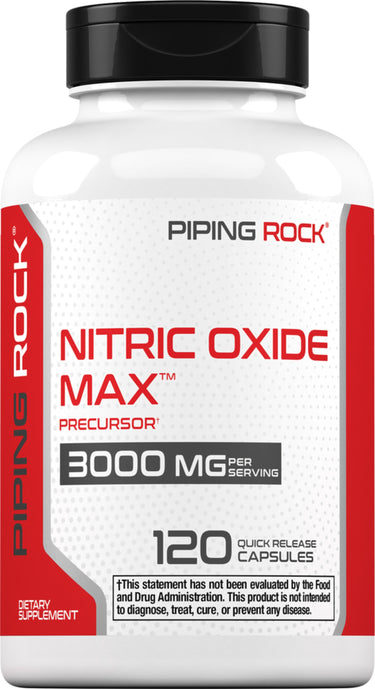 Dietary supplement of Nitric Oxide Max Precursor, 3000 mg per serving, 120 quick-release capsules.