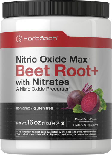 Horbäach Nitric Oxide Max Beet Root+ supplement, Mixed Berry flavor, in a 16 OZ (1 lb.) (454 g) container.