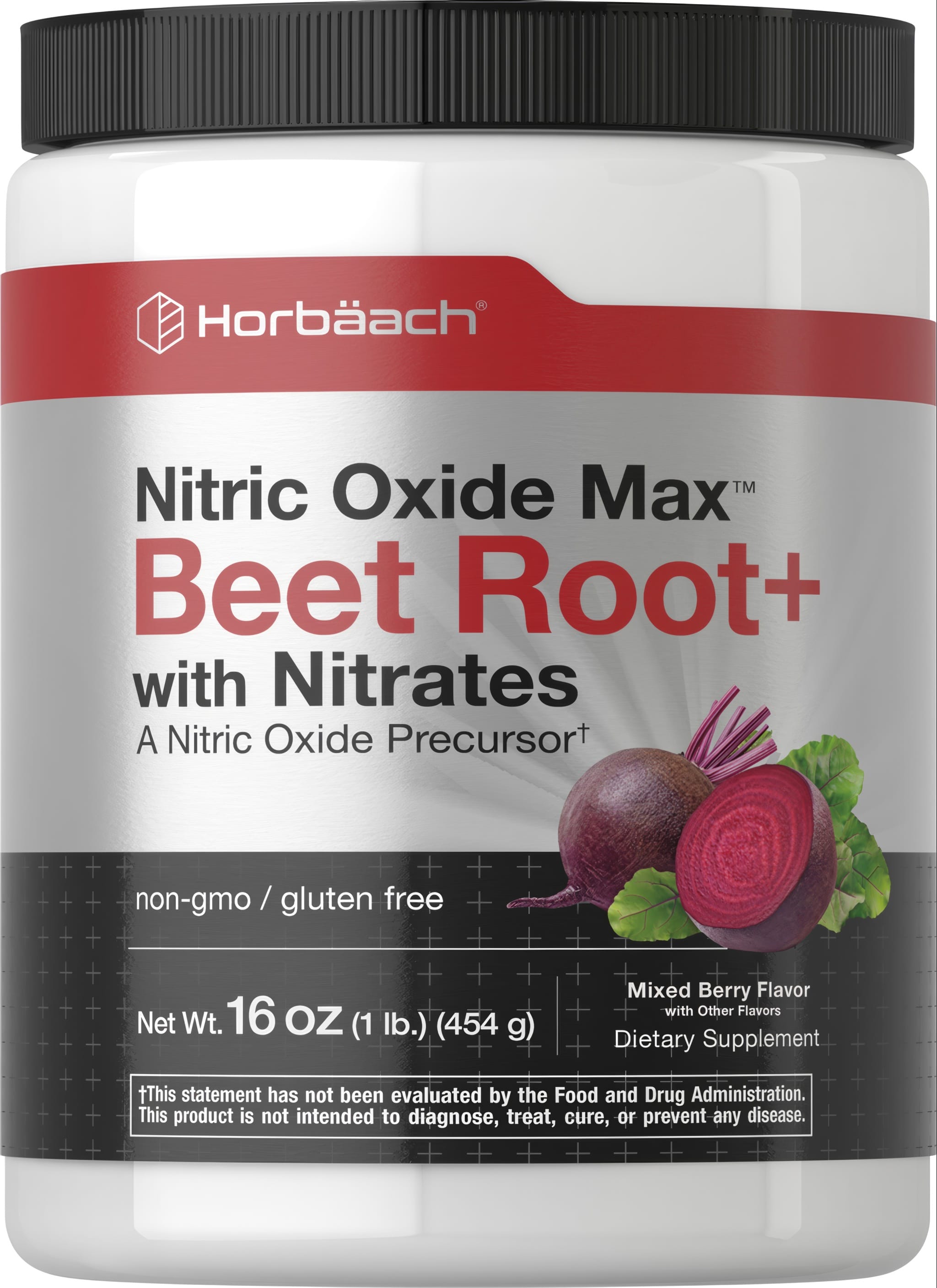 Horbaach Nitric Oxide Max Beet Root+ powder with Nitrates, mixed berry flavor, dietary supplement, 16 oz (454 g).
