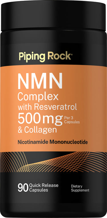 NMN Complex with Resveratrol and Collagen, offering 500mg per 3 quick release capsules, includes a total of 90 capsules.