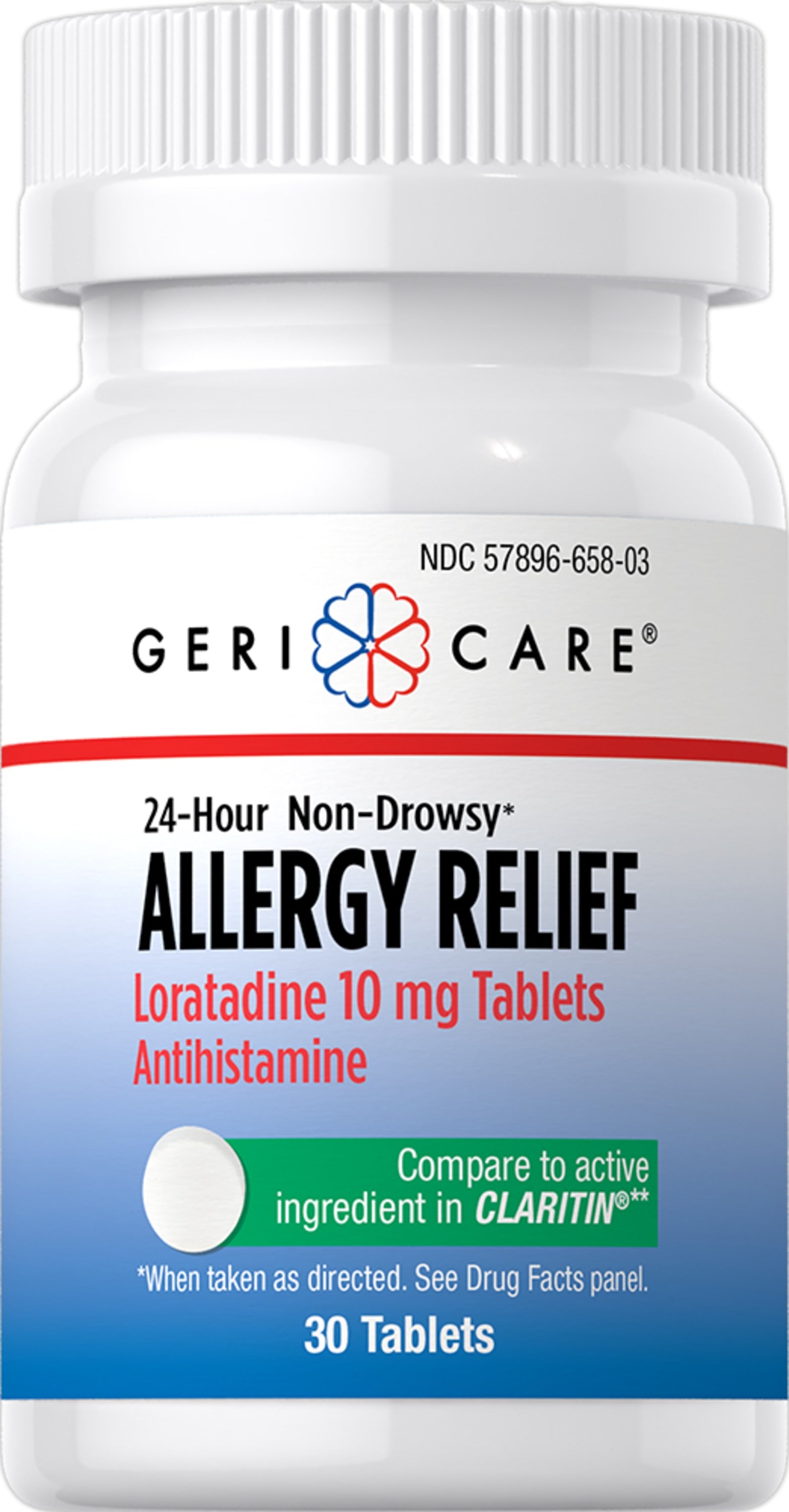 Geri-Care 24-Hour Non-Drowsy Allergy Relief Loratadine 10 mg Tablets, 30-count package.