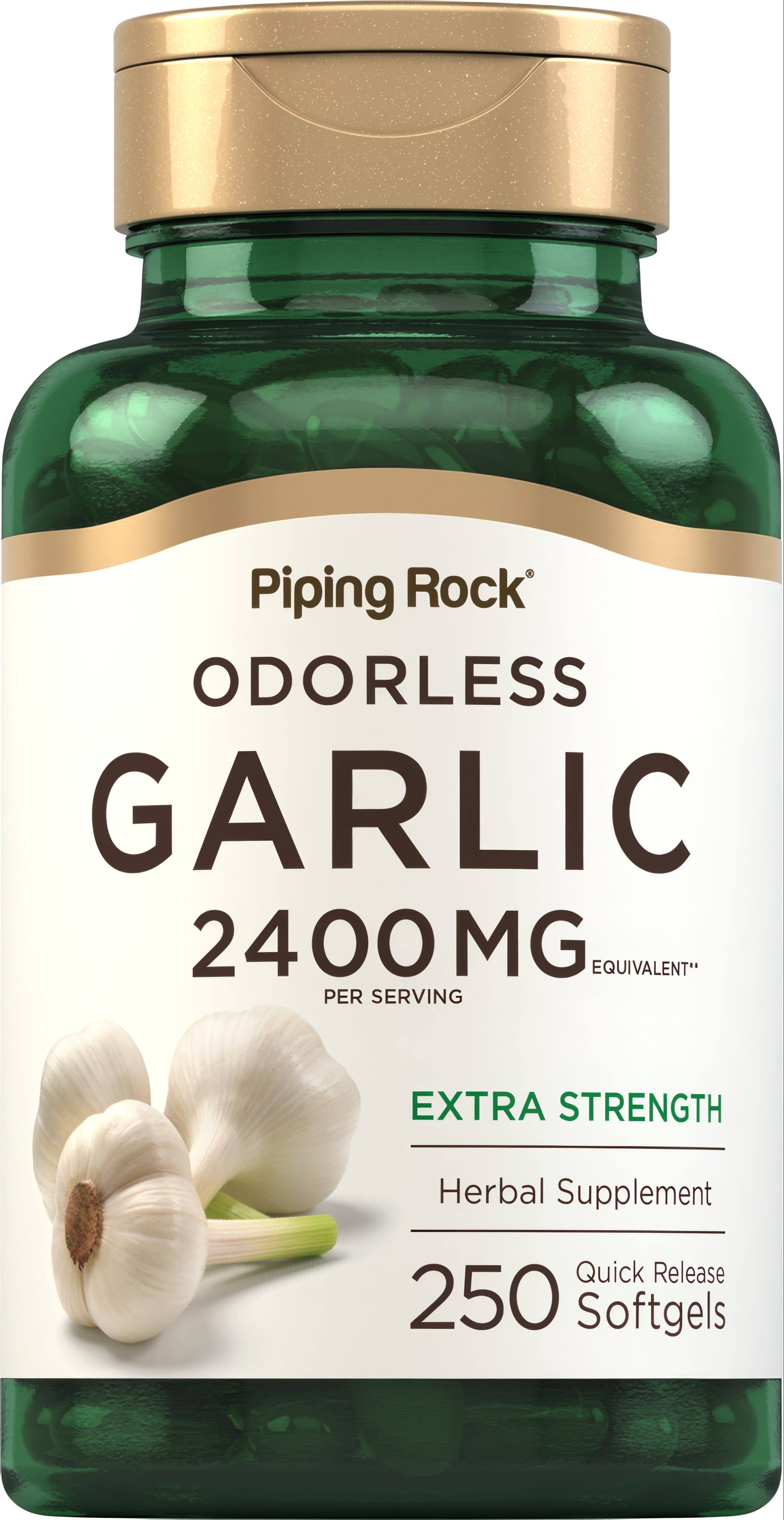 Odorless Garlic 2400 mg per serving, extra strength herbal supplement with 250 quick release softgels.