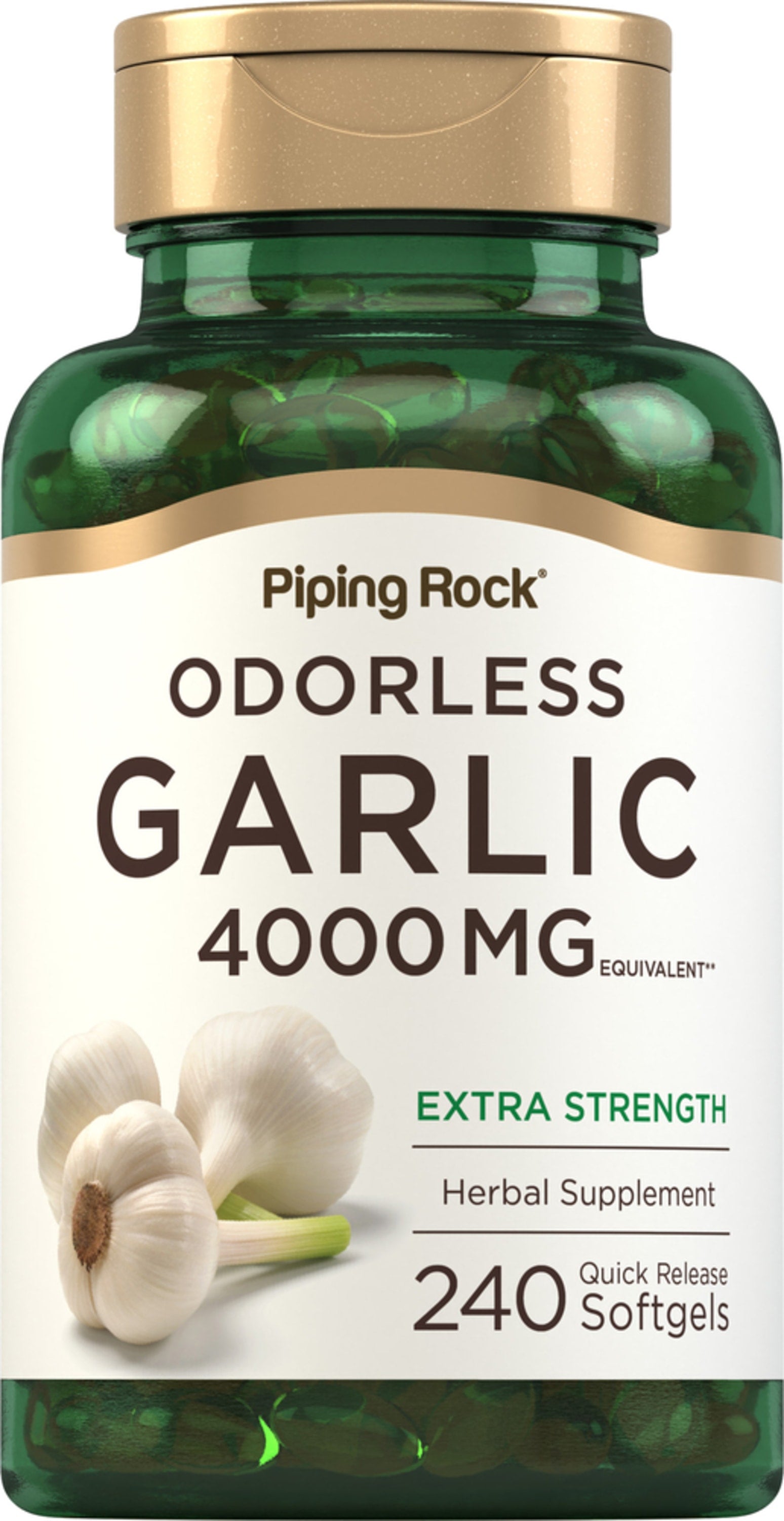 Odorless Garlic supplement with 4000 mg equivalent in a bottle of 240 quick release softgels.