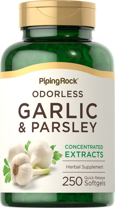 Odorless Garlic & Parsley Herbal Supplement, 250 quick release softgels in a clear bottle.