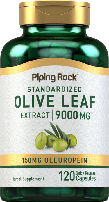 Standardized Olive Leaf Extract 9000 MG with 150MG Oleuropein in 120 quick-release capsules, a herbal supplement.