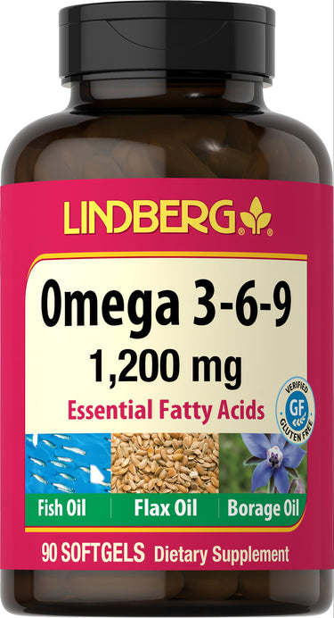 LN Omega 3-6-9 supplement bottle containing 1,200 mg per softgel, includes 90 softgels in the package.