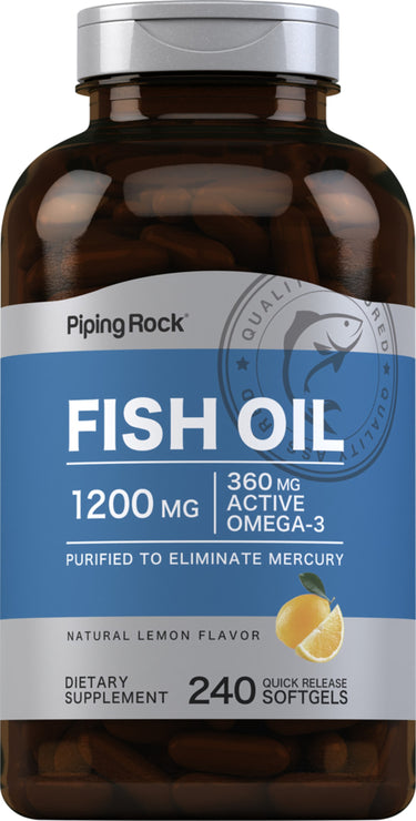 Fish Oil 1200 mg with 360 mg Omega-3, purified to remove mercury, natural lemon flavor, 240 Quick Release Softgels.