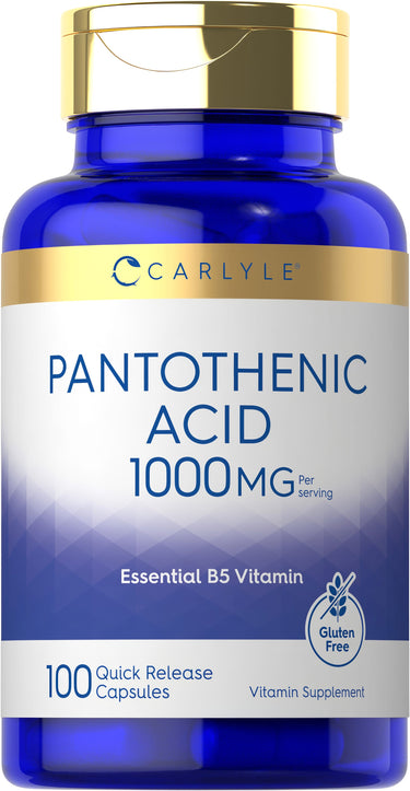 Carlyle Pantothenic Acid 1000mg, 100 quick-release capsules, gluten-free vitamin supplement for health.