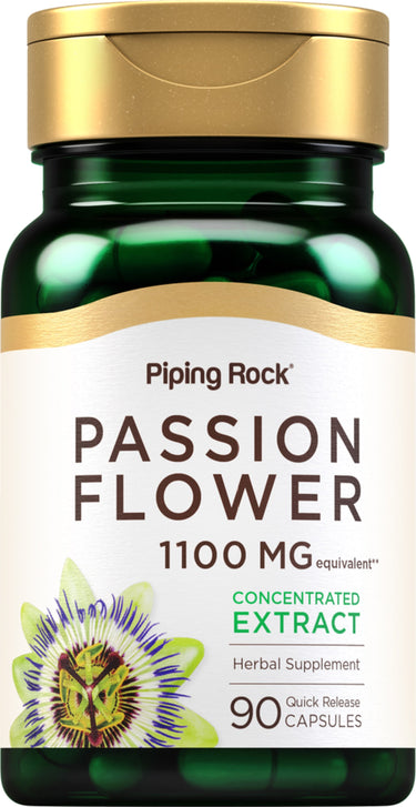 Passion Flower 1100 MG Equivalent, 90 quick-release capsules in a bottle.