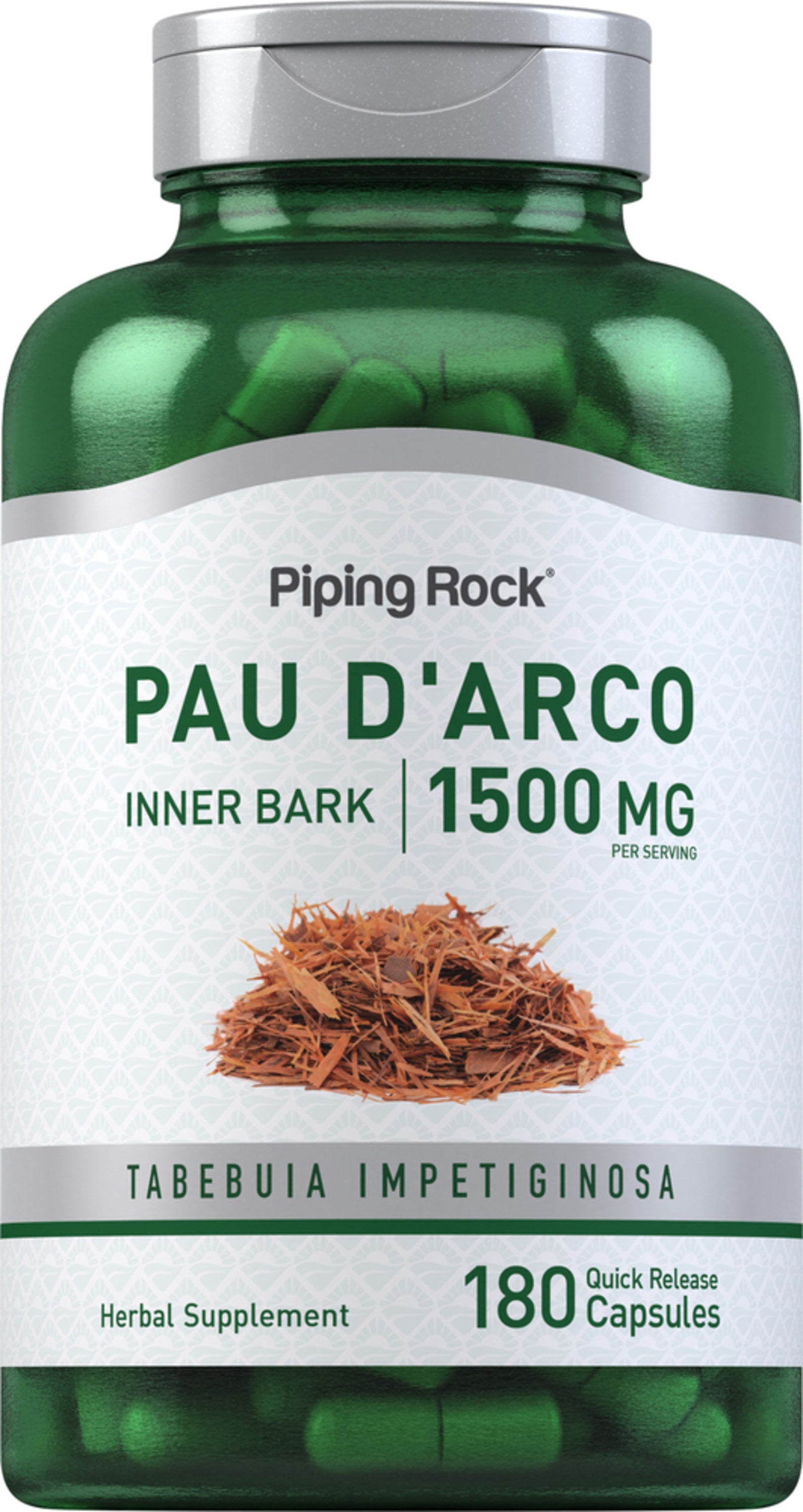 Pau d'Arco Inner Bark 1500 mg, made from Tabebuia Impetiginosa, in 180 quick-release capsules.