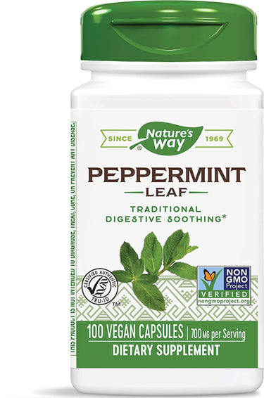 Nature's Way Peppermint Leaf 100 Vegan Capsules, 700 mg per serving, a dietary supplement.
