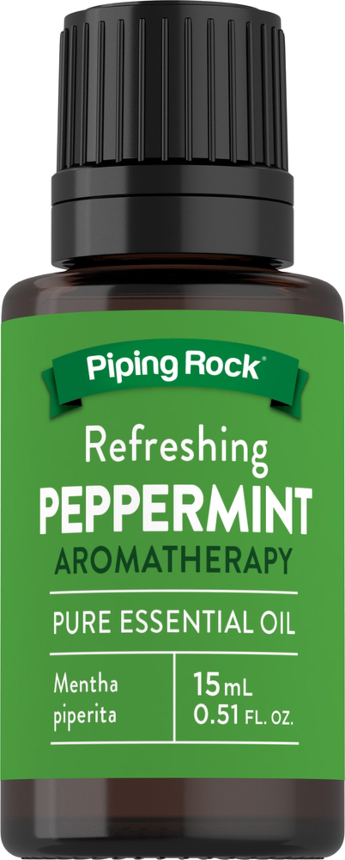 Refreshing peppermint aromatherapy pure essential oil in a 15 mL (0.51 FL. OZ.) bottle.