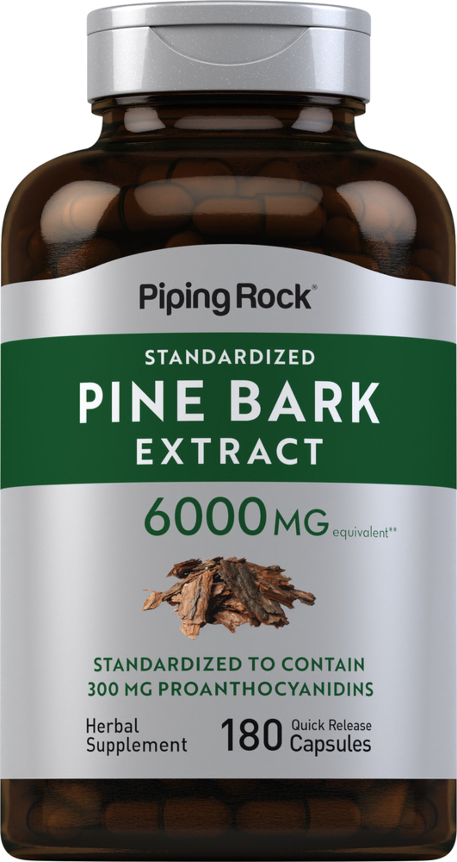 Pine Bark 6000 mg Extract, with 300 mg Proanthocyanidins, in 180 Quick Release Capsules.