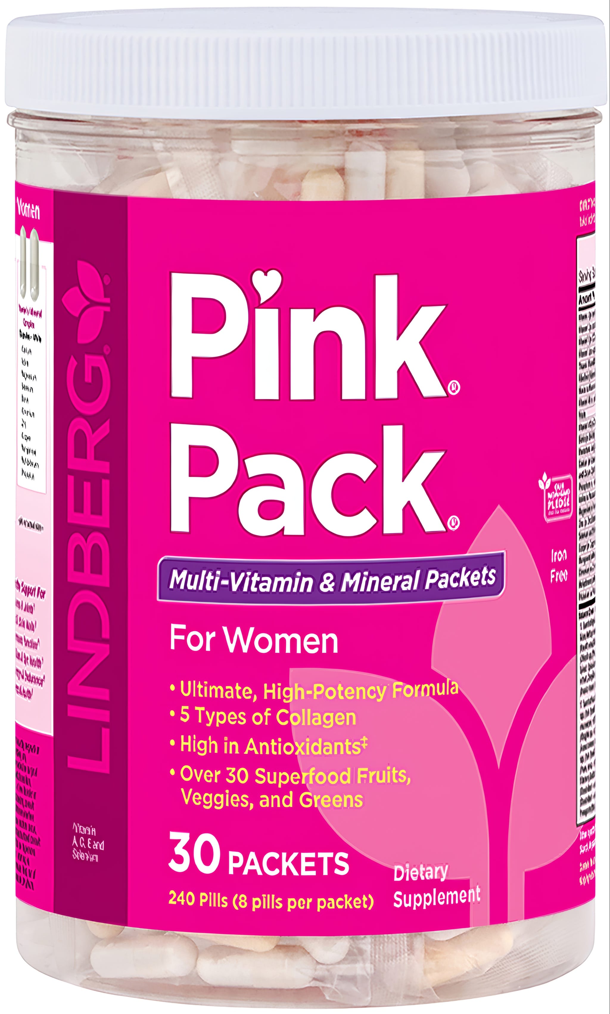 Pink Pack Multi-Vitamin and Mineral Packets for Women, offering 240 pills in 30 packets, 8 pills each, and Iron Free.