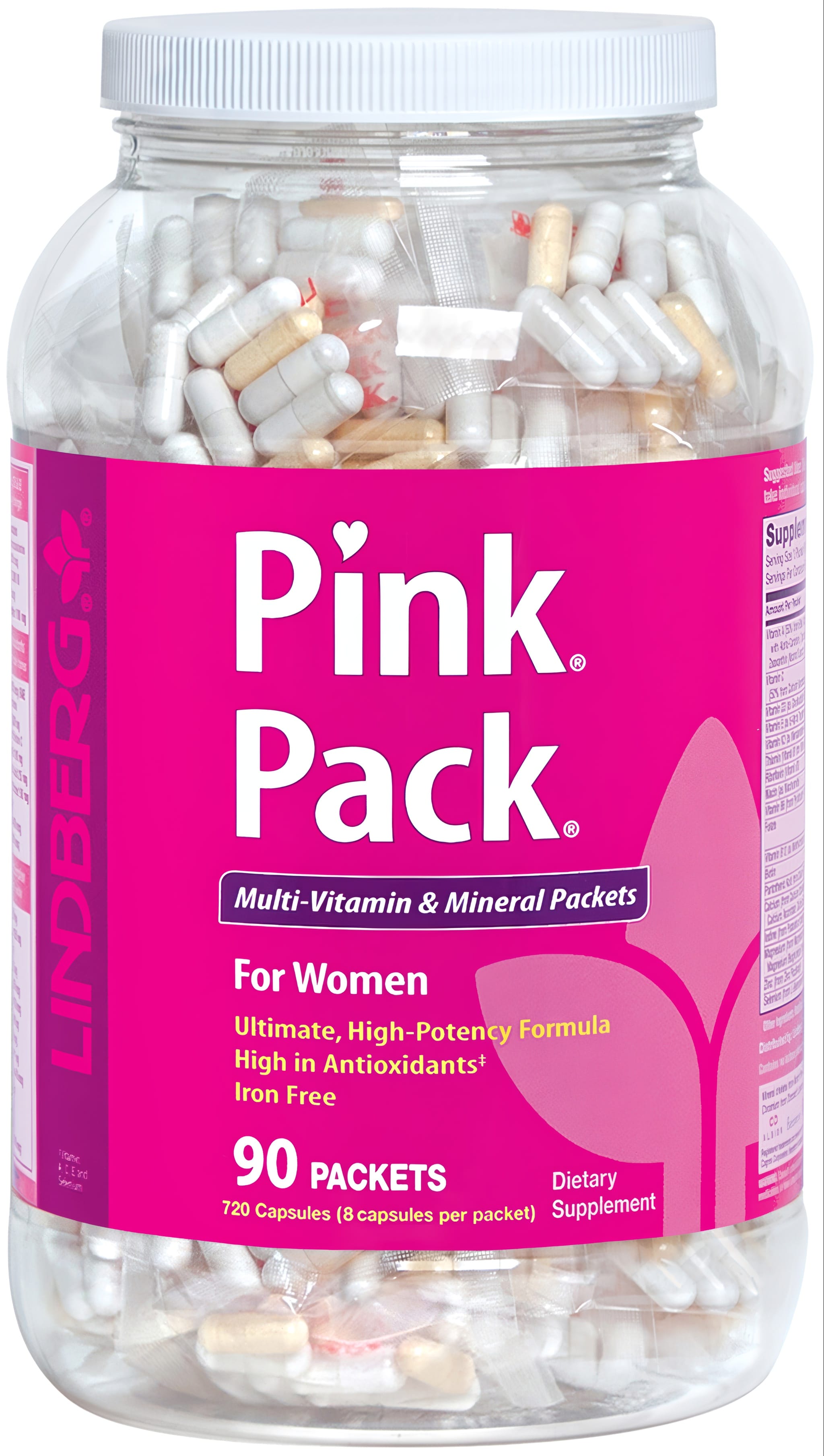 Pink Pack for Women offers 90 multi-vitamin and mineral packets, totaling 720 capsules with 8 per packet.