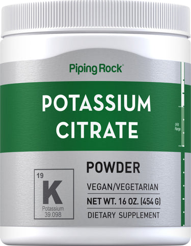 Potassium Citrate Powder 16 OZ jar labeled 'VEGAN/VEGETARIAN', 'DIETARY SUPPLEMENT', and '19 K Potassium 39.098'.