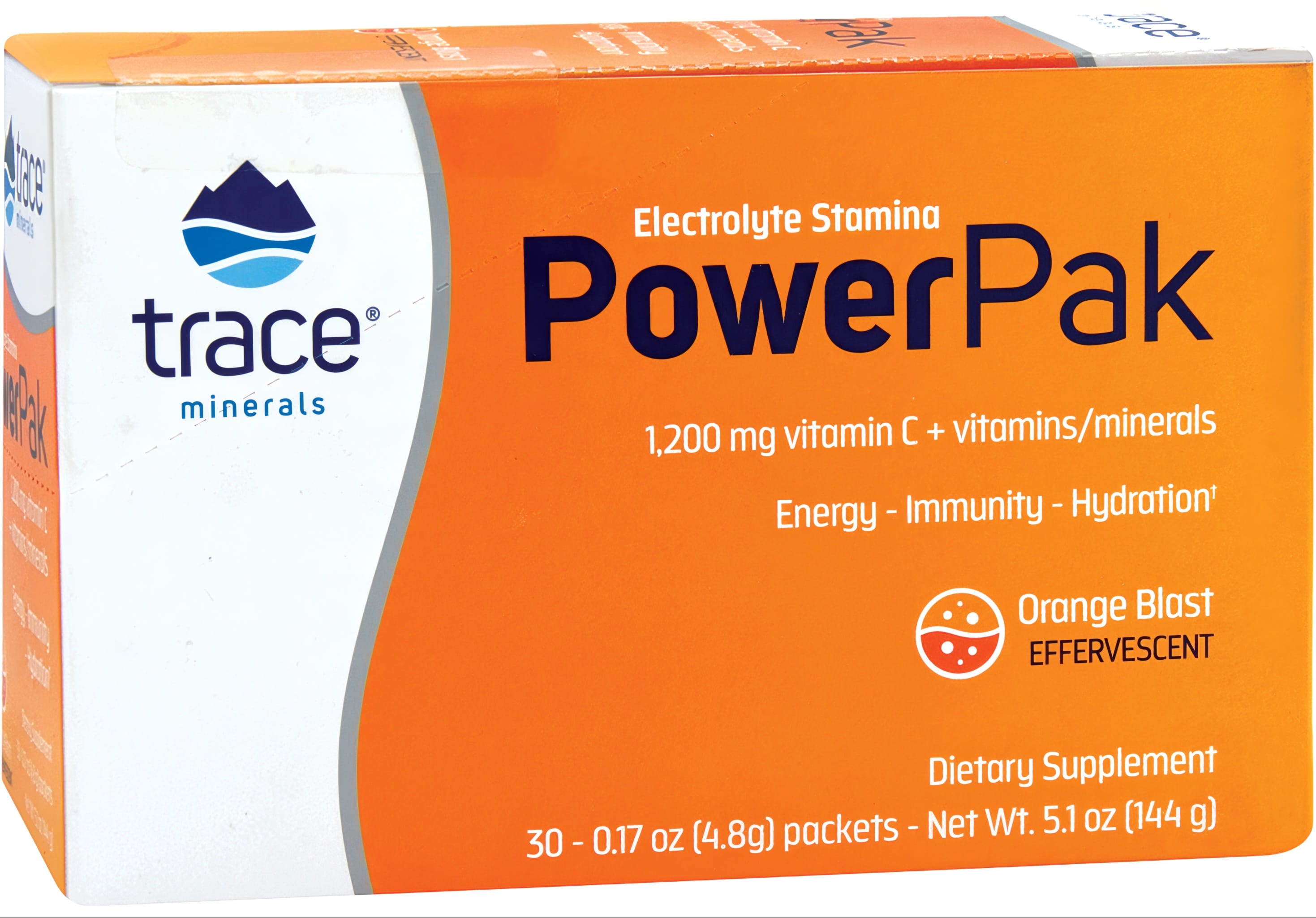 Effervescent Trace Minerals PowerPak Orange Blast packets, 30 count, 5.1 oz (144 g) box.