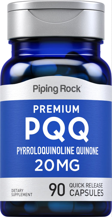 PQQ Pyrroloquinoline Quinone 20 MG 90 quick-release capsules bottle displayed.