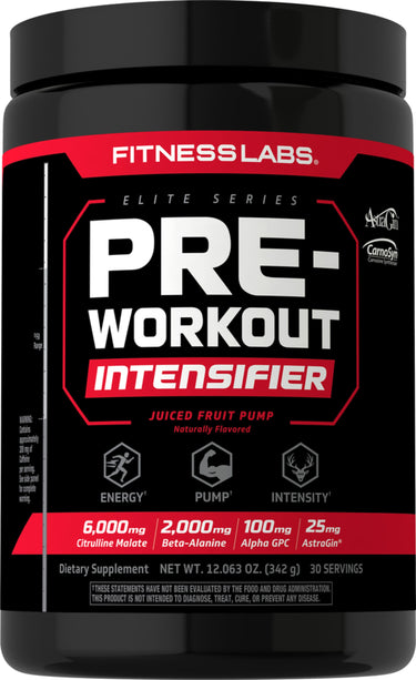 Fitness Labs Pre-Workout Intensifier Juiced Fruit Pump, 342g jar, 30 servings. 6,000mg Citrulline Malate, 2,000mg Beta-Alanine.