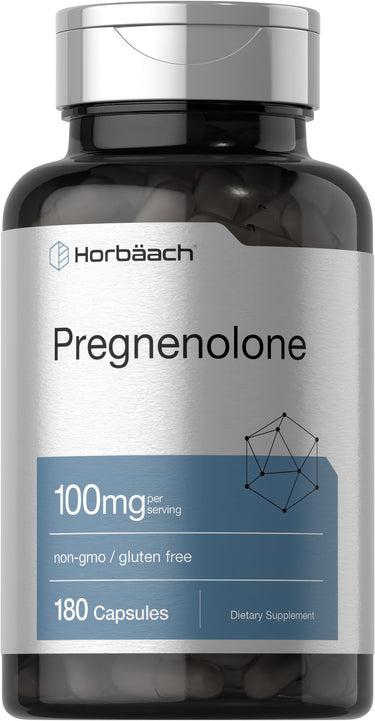 Horbäach Pregnenolone 100 mg bottle containing 180 capsules on display.