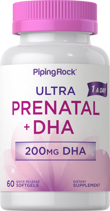 ULTRA PRENATAL + DHA, 60 quick release softgels, 1 a day, 200mg DHA dietary supplement bottle.