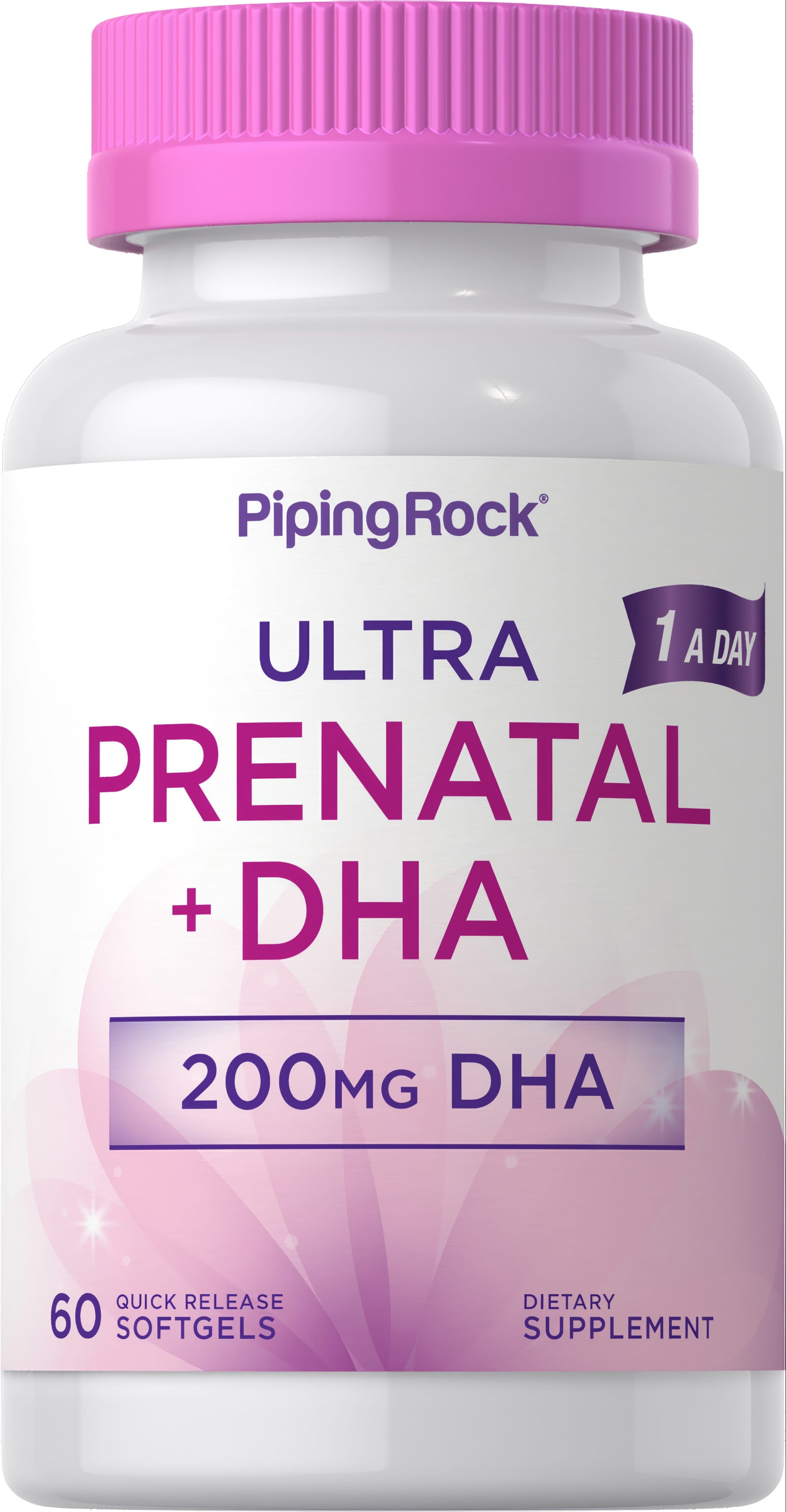 Ultra Prenatal + DHA, offering 200mg DHA, includes 60 quick-release softgels as a 1-a-day dietary supplement.