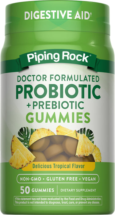 NT Digestive Probiotic + Prebiotic 50 Gummies, Digestive Aid+, Delicious Tropical Flavor, Non-GMO, Gluten Free, Vegan Dietary Supplement.