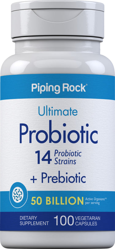 Ultimate Probiotic with 14 strains, prebiotic, 50 billion active organisms, in 100 vegetarian capsules.