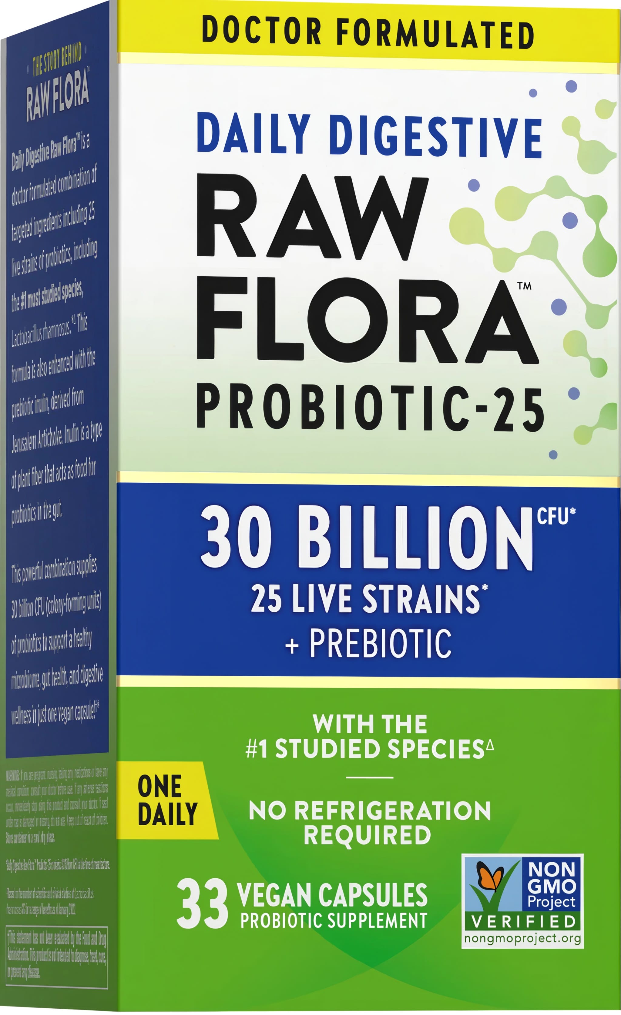Daily Digestive Raw Flora Probiotic-25: Doctor Formulated, 30 Billion CFU, 25 Strains + Prebiotic, 33 Vegan Capsules.