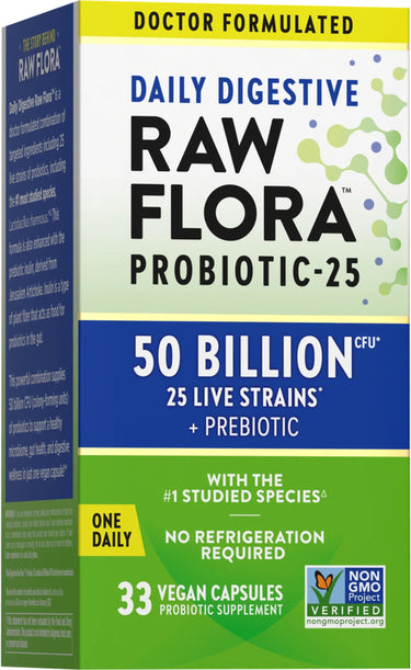 Raw Flora 50 Billion CFU Probiotic-25, 33 Vegan Capsules. Doctor formulated with 25 live strains plus prebiotic. One Daily.