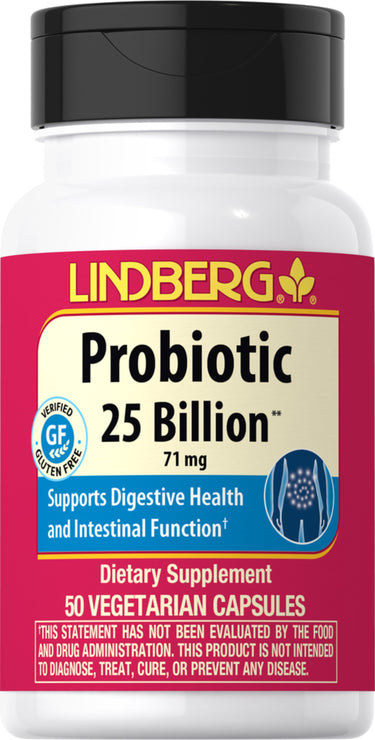 LINDERG Probiotic with 25 billion CFU, available in a bottle of 50 vegetarian capsules, supports digestive health.