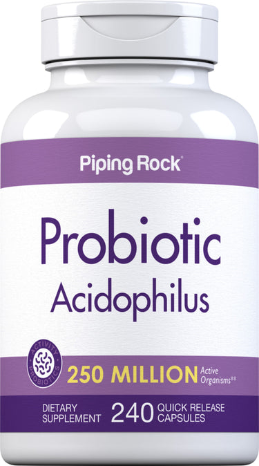 Probiotic Acidophilus with 250 million active organisms in 240 quick-release capsules.
