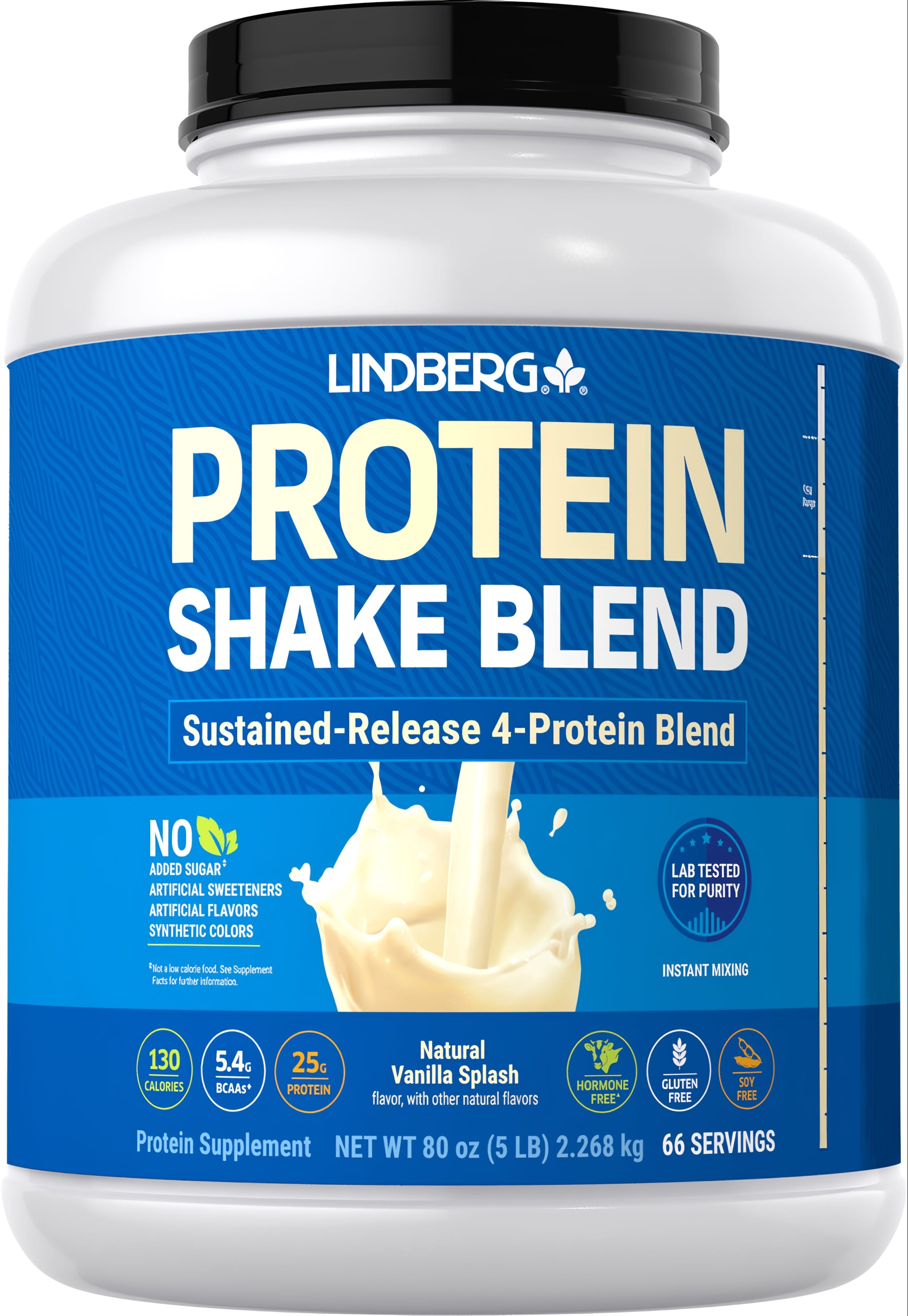 Lindberg Protein Shake Blend with Natural Vanilla, 4-Protein Blend, Sustained-Release. Comes in 80 oz (5 LB) tub.