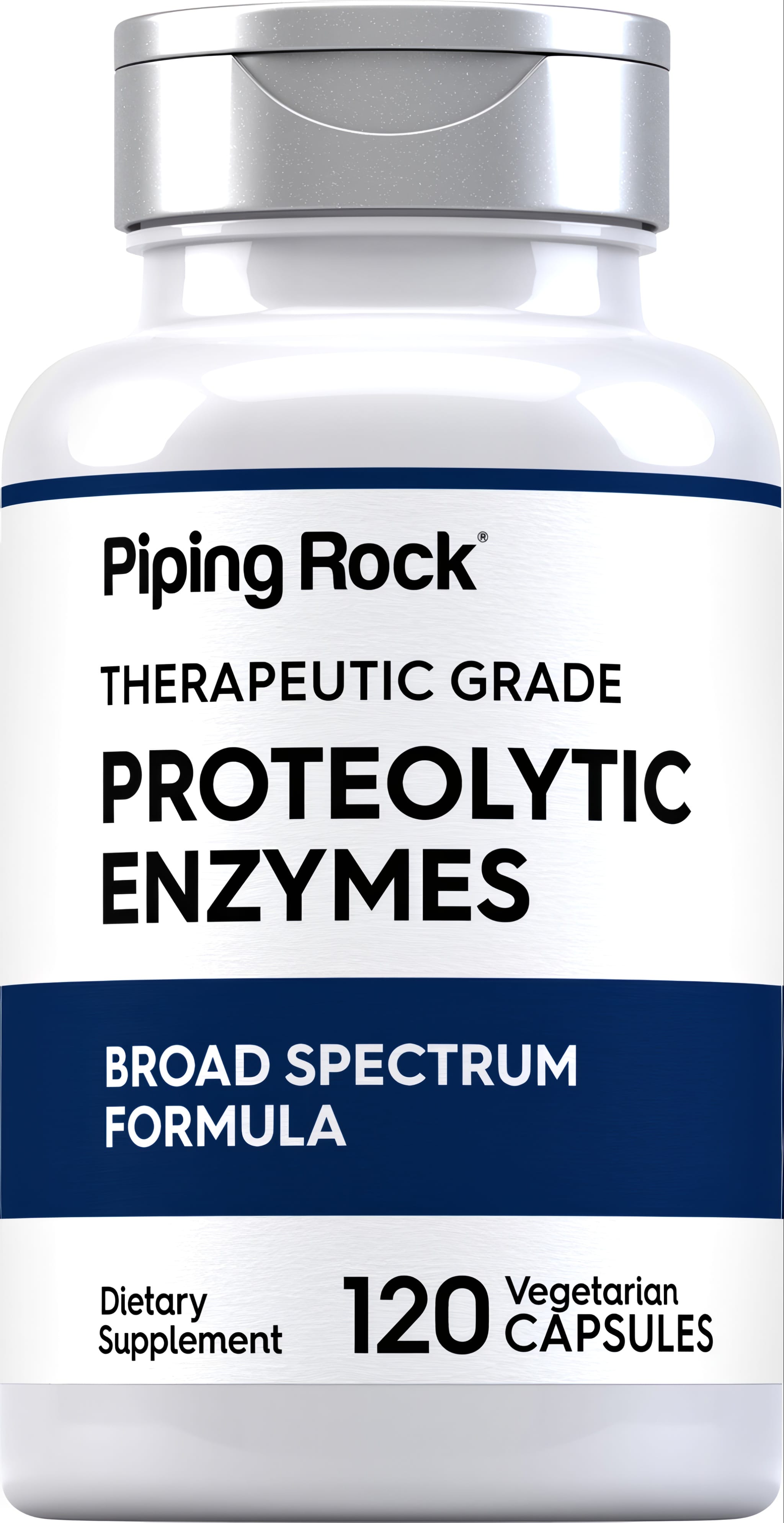 Therapeutic grade, broad spectrum proteolytic enzymes in a bottle with 120 vegetarian capsules.