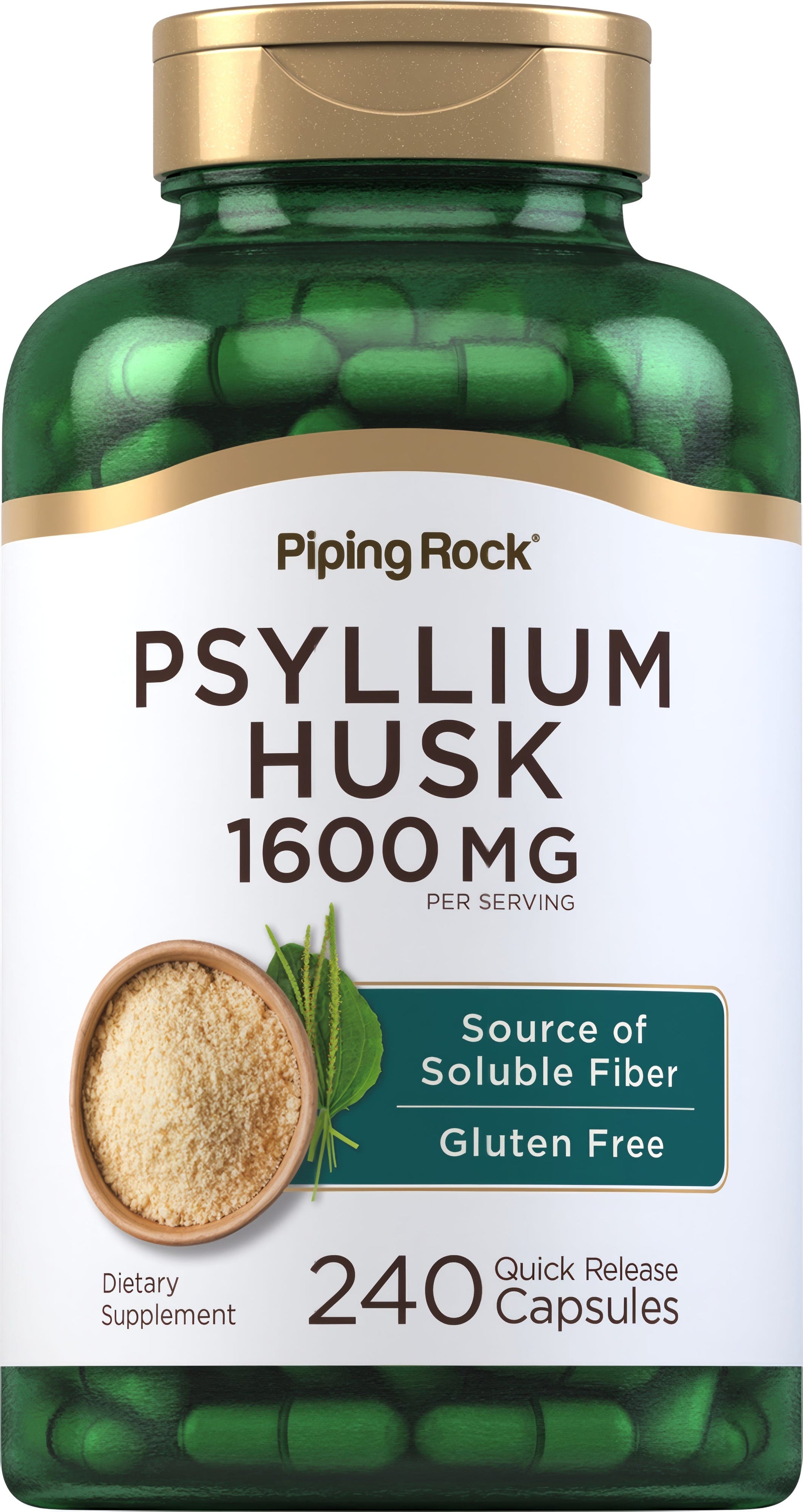 Psyllium Husk 1600 MG per serving, gluten-free source of soluble fiber, 240 quick release capsules dietary supplement.